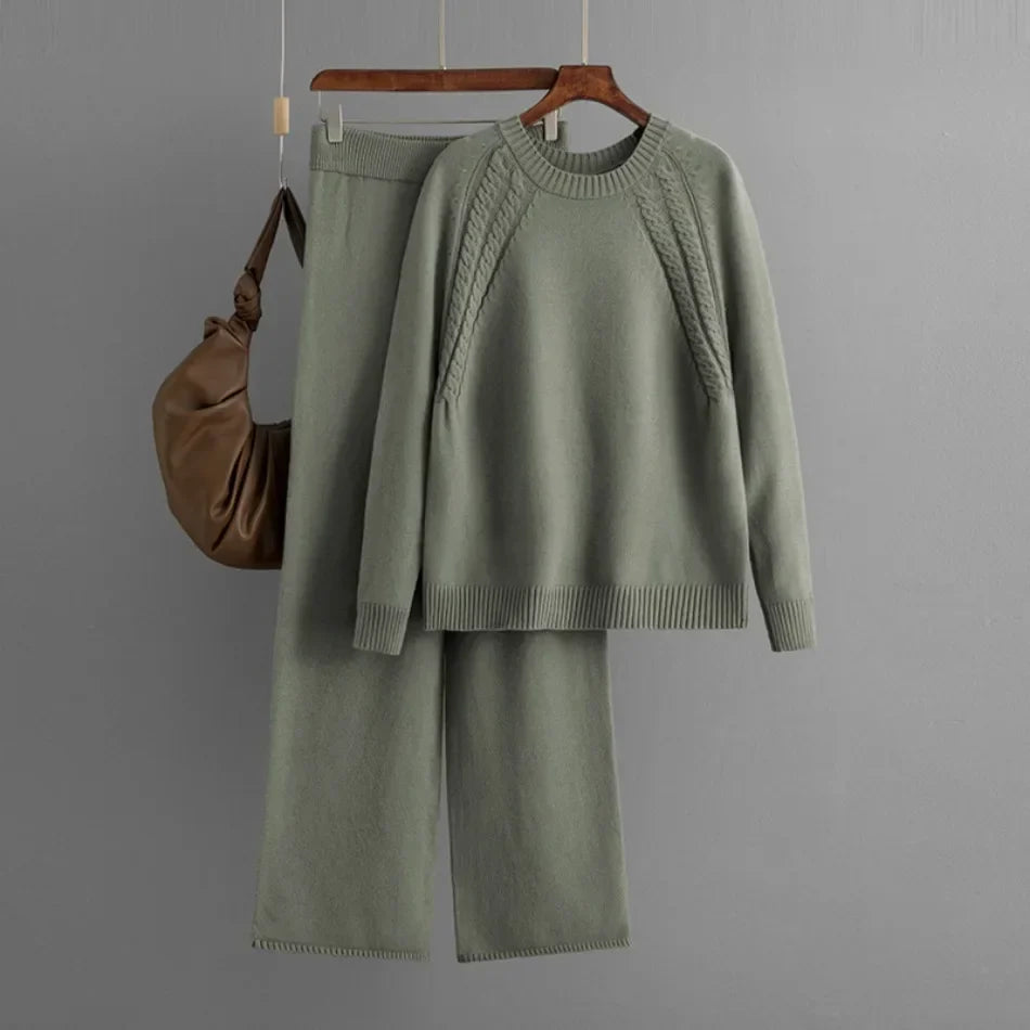 Casual Knitted Two Piece Set for Women Featuring Loose Sweater and Wide Leg Pants