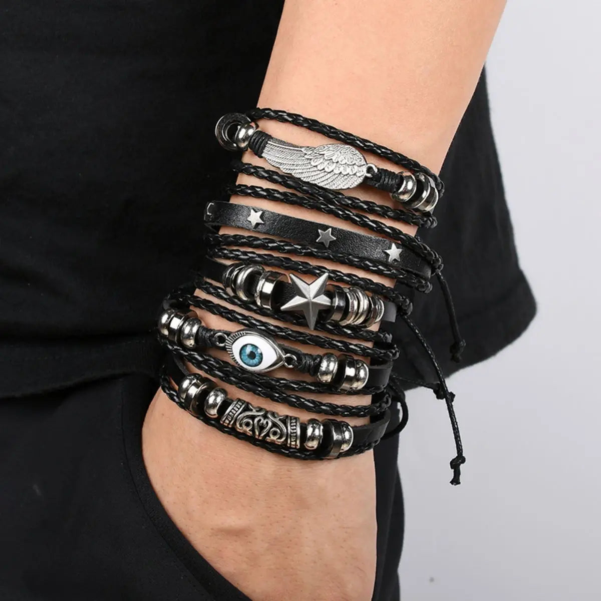 6 Piece Black Punk Skull and Star Shaped Alloy and PU Leather Bracelet Set