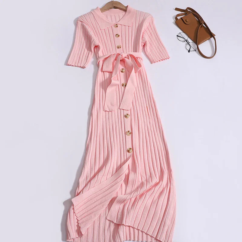 Knitted Cardigan Dress For Women Button Up Short Sleeve