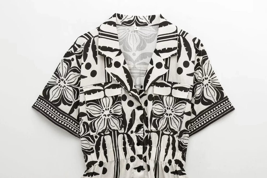 Slim Fit Printed Cuban Collar Jumpsuit Shorts for Women Casual Vacation Style Summer Wear