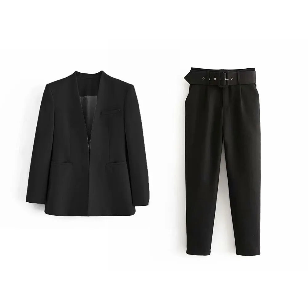 Women's Solid Color Office Suit Coat and High Waist Ankle-Length Pants Set