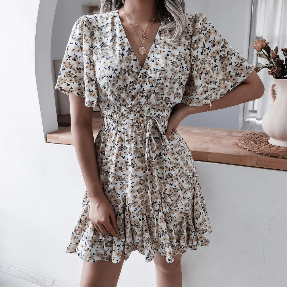 Summer Floral Dress With Bubble Sleeves V Neck A Line