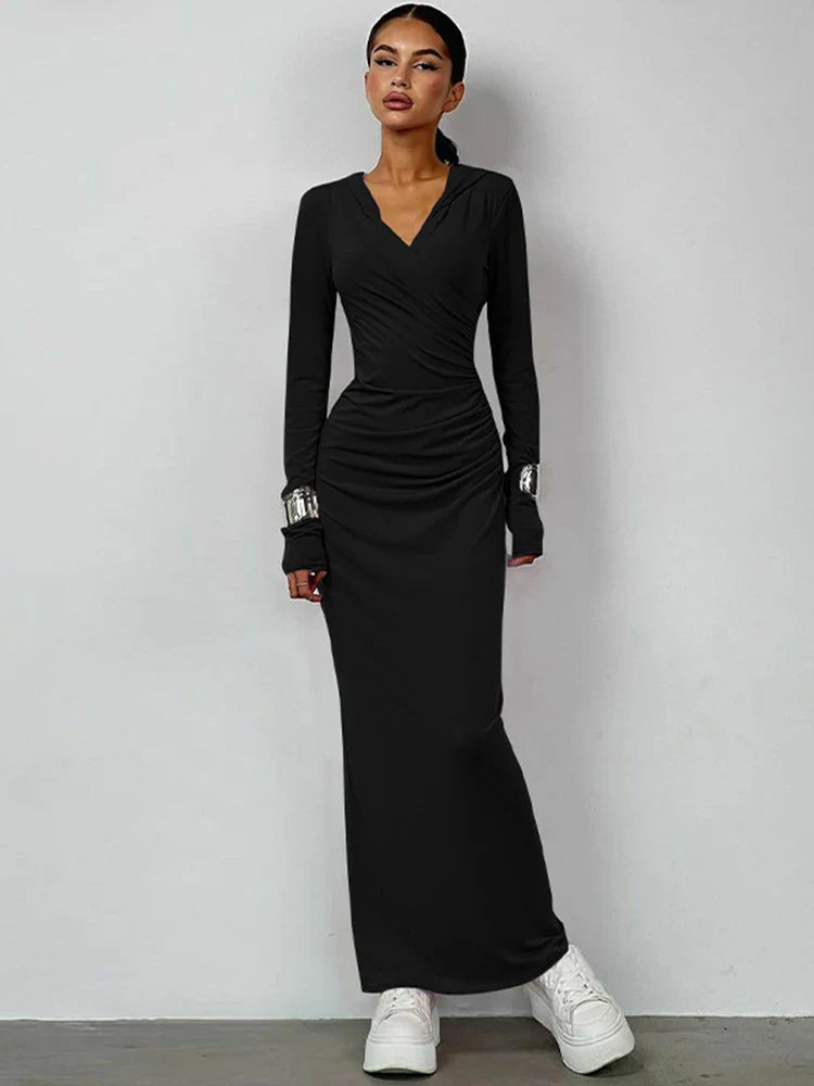 V Neck Solid Maxi Dress With Draped Silhouette Long Sleeve