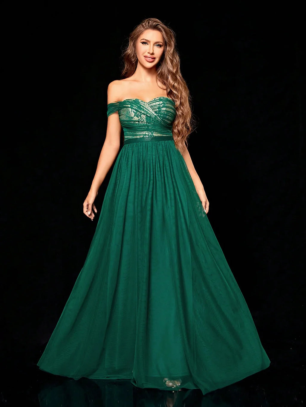 One Shoulder Mesh Maxi Dress With Gold Lace Accent