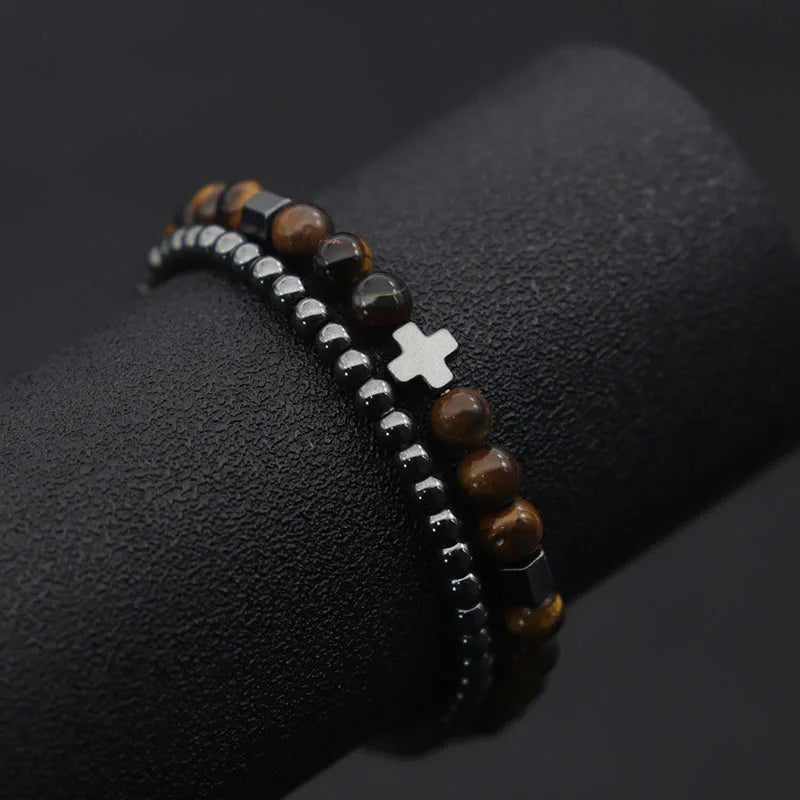 Men's Hematite Cross Bracelet Set with Natural Lava and Tiger Eye Stones Beaded Bracelets for Stylish Accessories