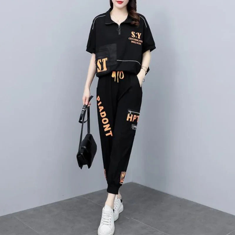 Women's Summer Korean Style Sports Suit Loose Short Sleeve Top and Pencil Pants Two Piece Set