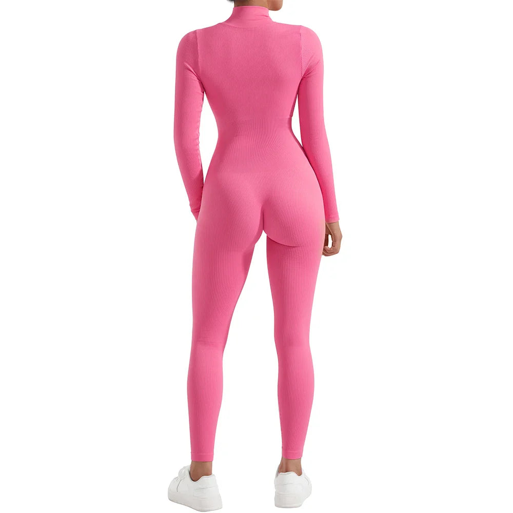 Women's Long Sleeve Solid Bodycon Jumpsuit Zipper Romper Summer Bodysuit Streetwear Overalls Sportswear