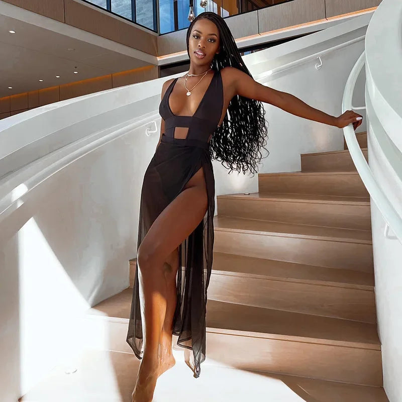 Sheer Beach Cover Up Vest Dress With V Neck Split Detail