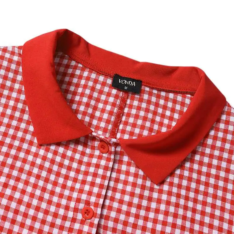 Boho Plaid Mini Dress Puff Sleeve A Line Sundress Style