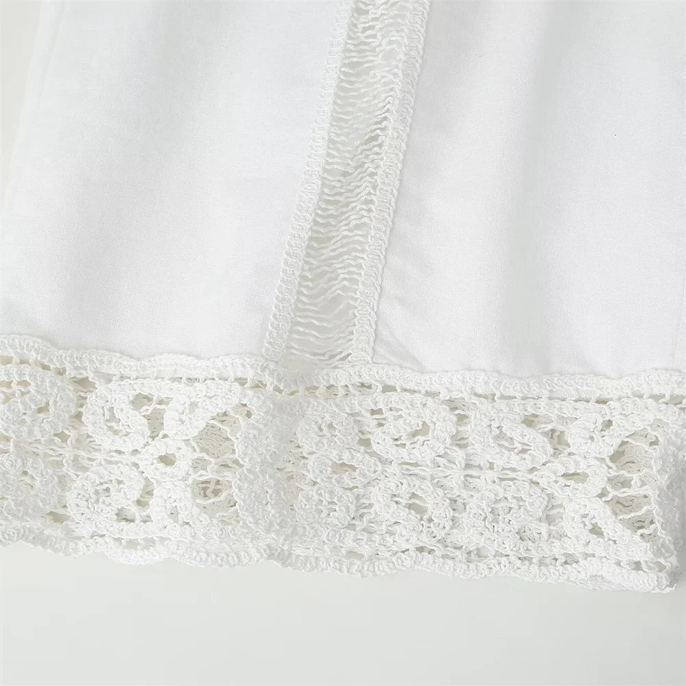 Women White Long Sleeve Blouse and Wide Leg Pants Set with Lace Trim Elegant Design