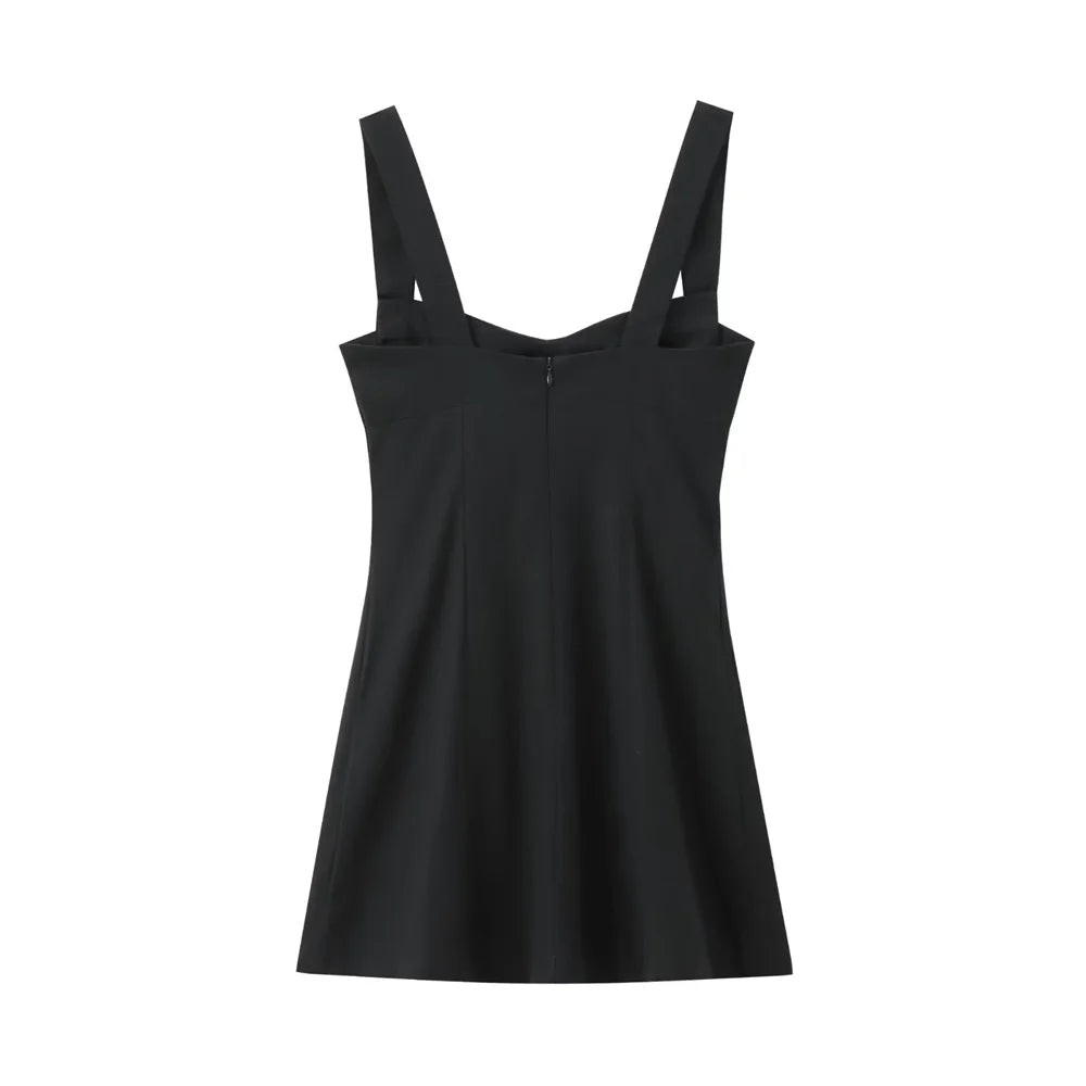 Black Linen Blend Dress Slim Fit With Wide Straps For Women