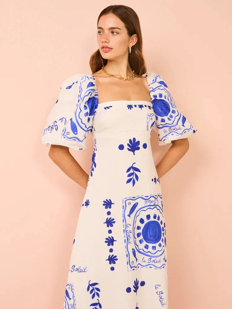 Bohemian Printed Lantern Sleeve Maxi Dress With Collar