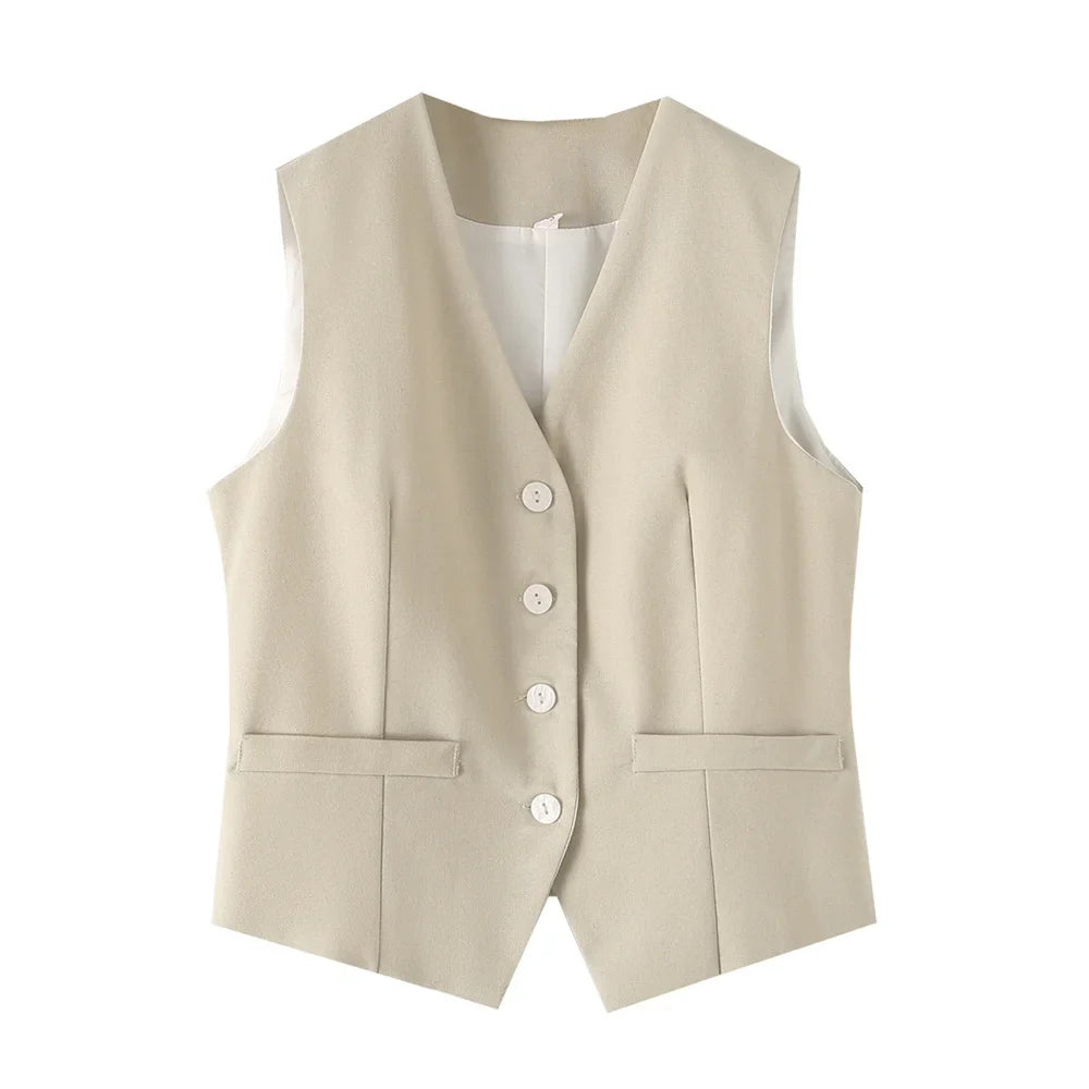 Versatile Slim Sleeveless Cotton Linen Vest and Mid-Waist Trousers Suit for Women's Commuting Style