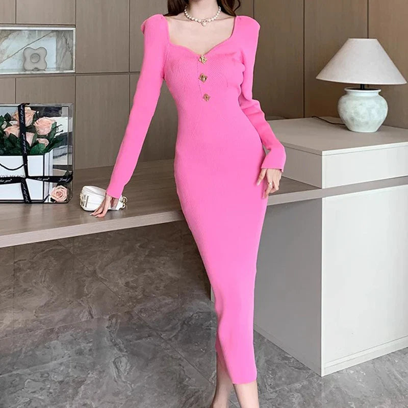 Elegant V Neck Knitted Bodycon Wrap Dress For Women Midi