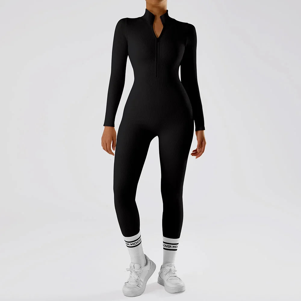 Women's Bodycon Jumpsuit Casual Fitness Rompers with Zipper Slim Fit Bodysuit Streetwear Activewear for Autumn and Winter