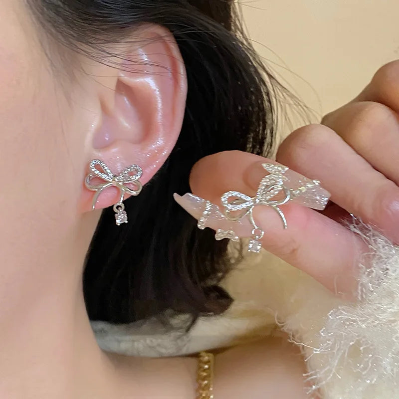 Y2K Bowknot Zircon Stud Earrings for Women with Pink Crystals in Silver Color Fashion Jewelry