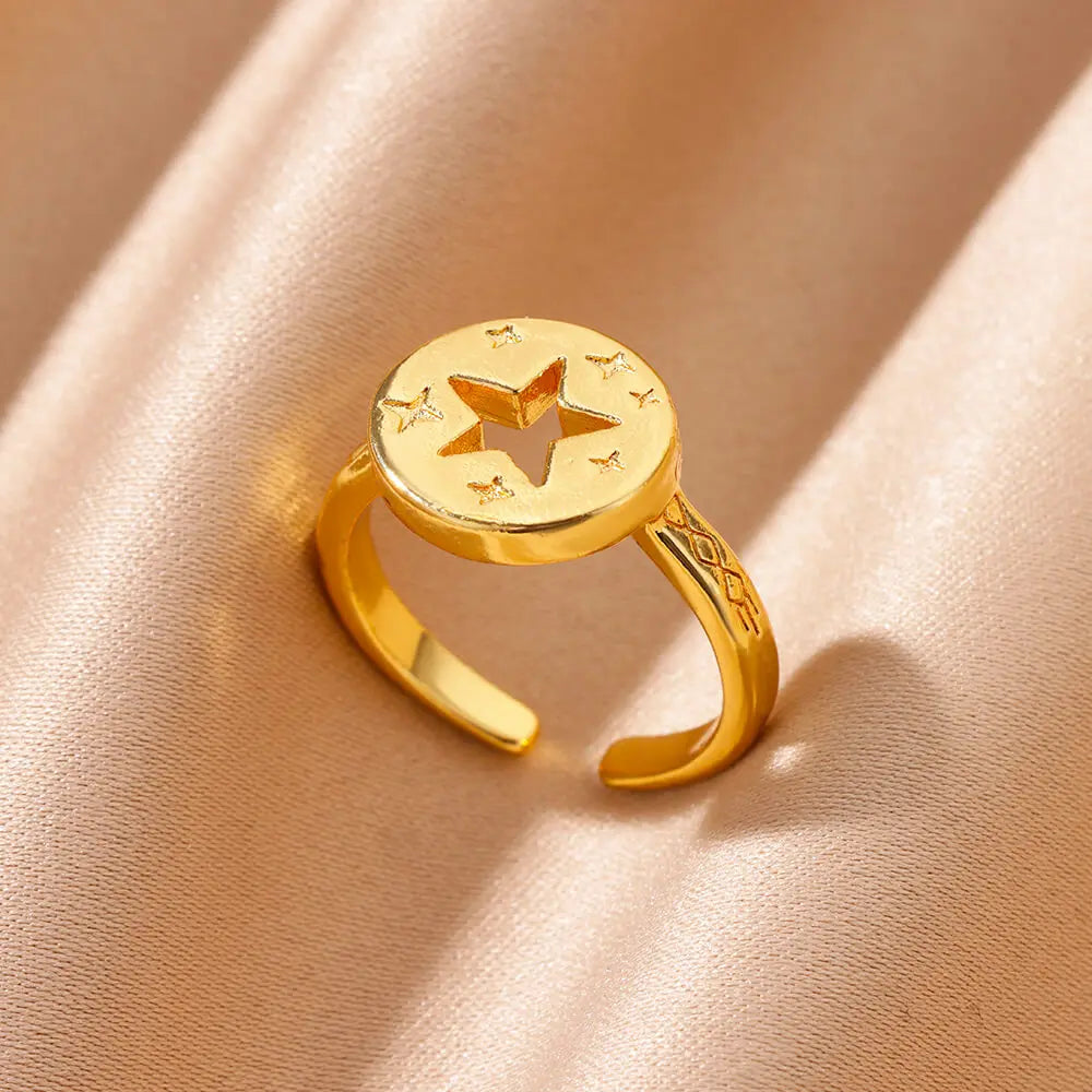 Adjustable 316L Stainless Steel Little Star Open Ring for Women - Trendy Gold Color Jewelry Gift for Weddings and Special Occasions