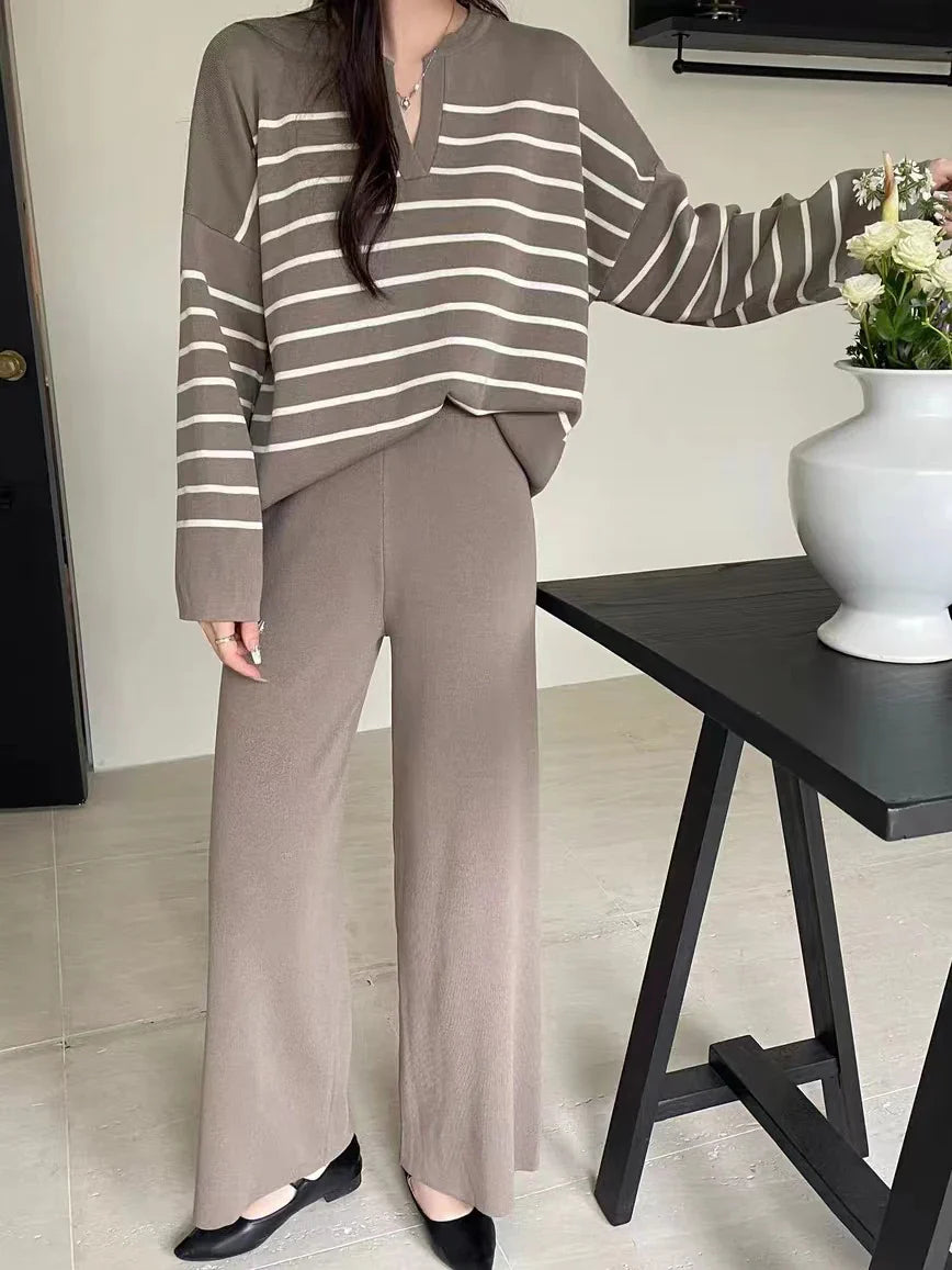 Women's Winter Sweater Set with Stripe Knit Pullover and Wide Leg Pants for Casual Elegance