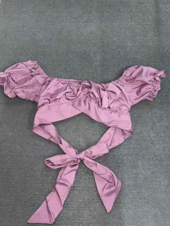 Women's Butterfly Tie One Shoulder Monochromatic Top with Sweet Back Tie and Short Sleeves