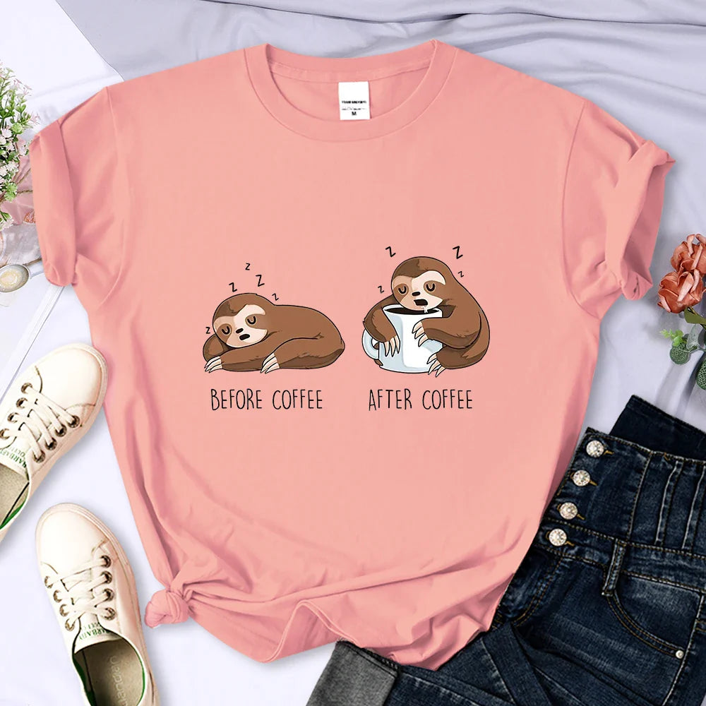 Before Coffee After Coffee Kawaii Sloth T Shirt for Women Casual Fashion Short Sleeve Breathable Tee