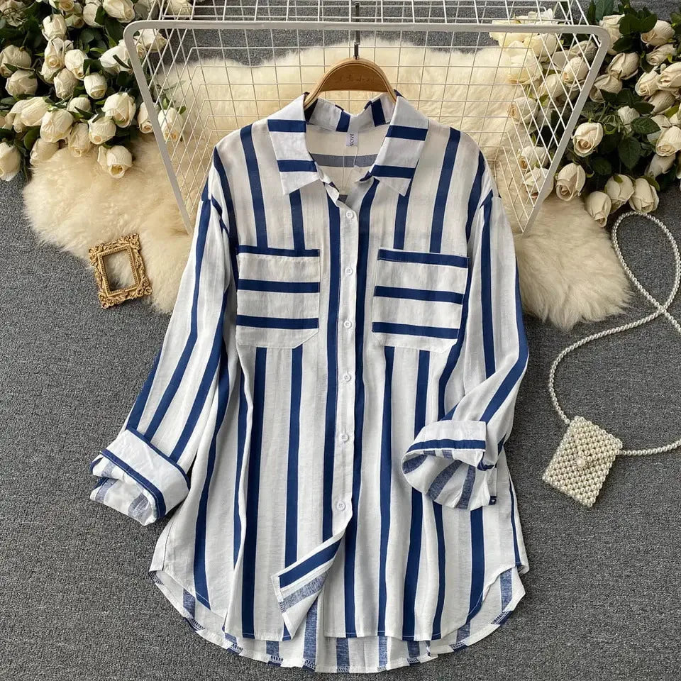 Elegant Medium Length Vertical Stripe Shirt Jacket for Women Casual Loose Fitting Korean Style Blouse