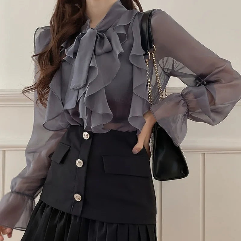 Charming Summer Chiffon Blouse for Women with Sweet Bow Detail Casual Long Sleeve Office Lady Top Lightweight Autumn Shirt