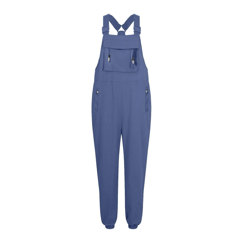 Women's Summer Casual Loose Wide Leg Jumpsuit with Adjustable Straps Pockets and Retro Button Detail Solid Color Sleeveless Overalls