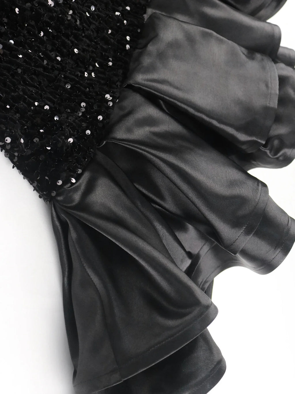 Black Velvet Sequin Dress Deep V Neck Patchwork Ruffle Gown