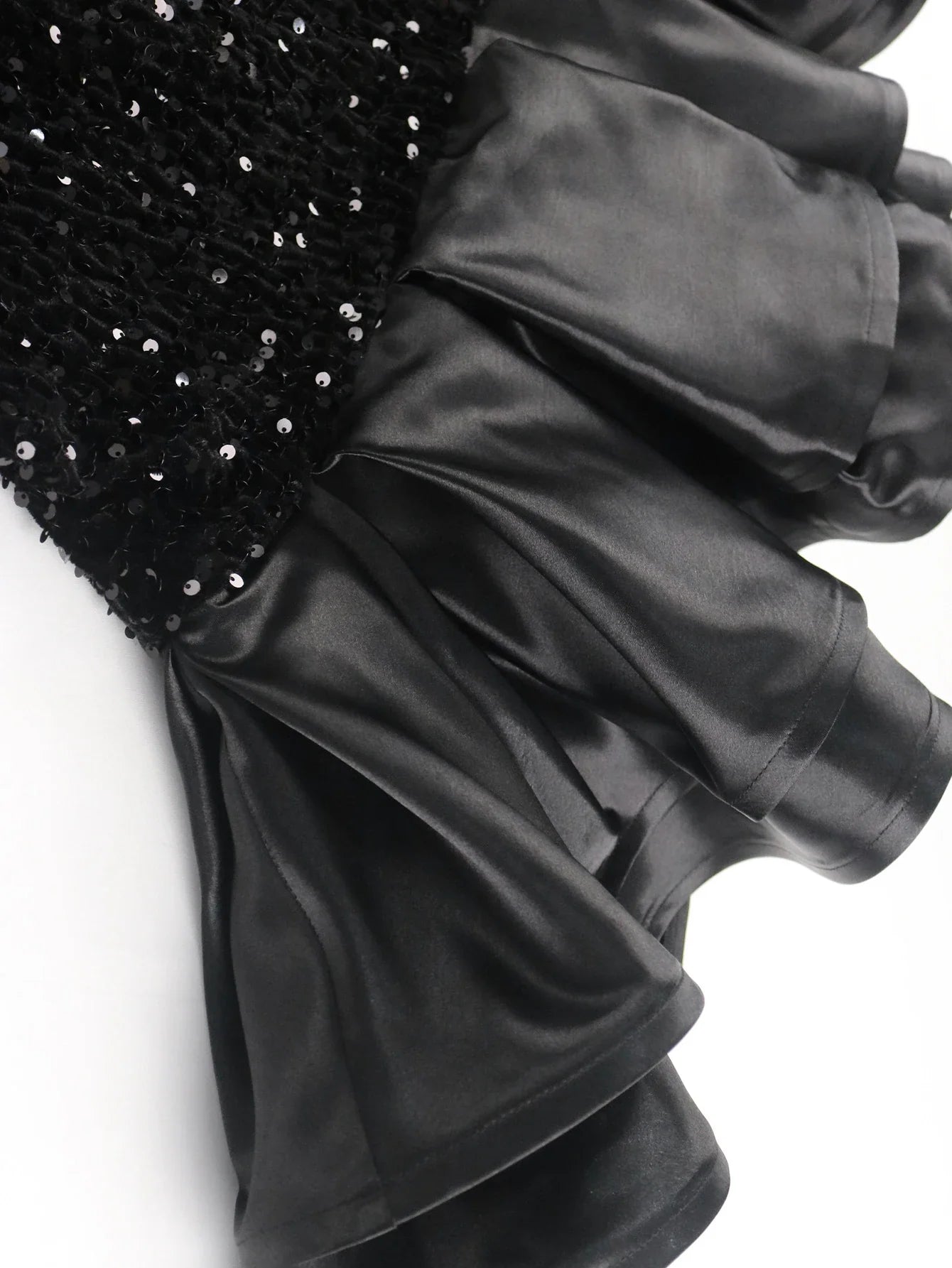 Black Velvet Sequin Dress Deep V Neck Patchwork Ruffle Gown