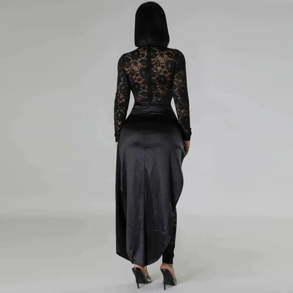 Sexy Sheer Floral Lace Jumpsuit with Overlay Skirt Stretchy Skinny One Piece Romper for Nightclub Party Women Clubwear