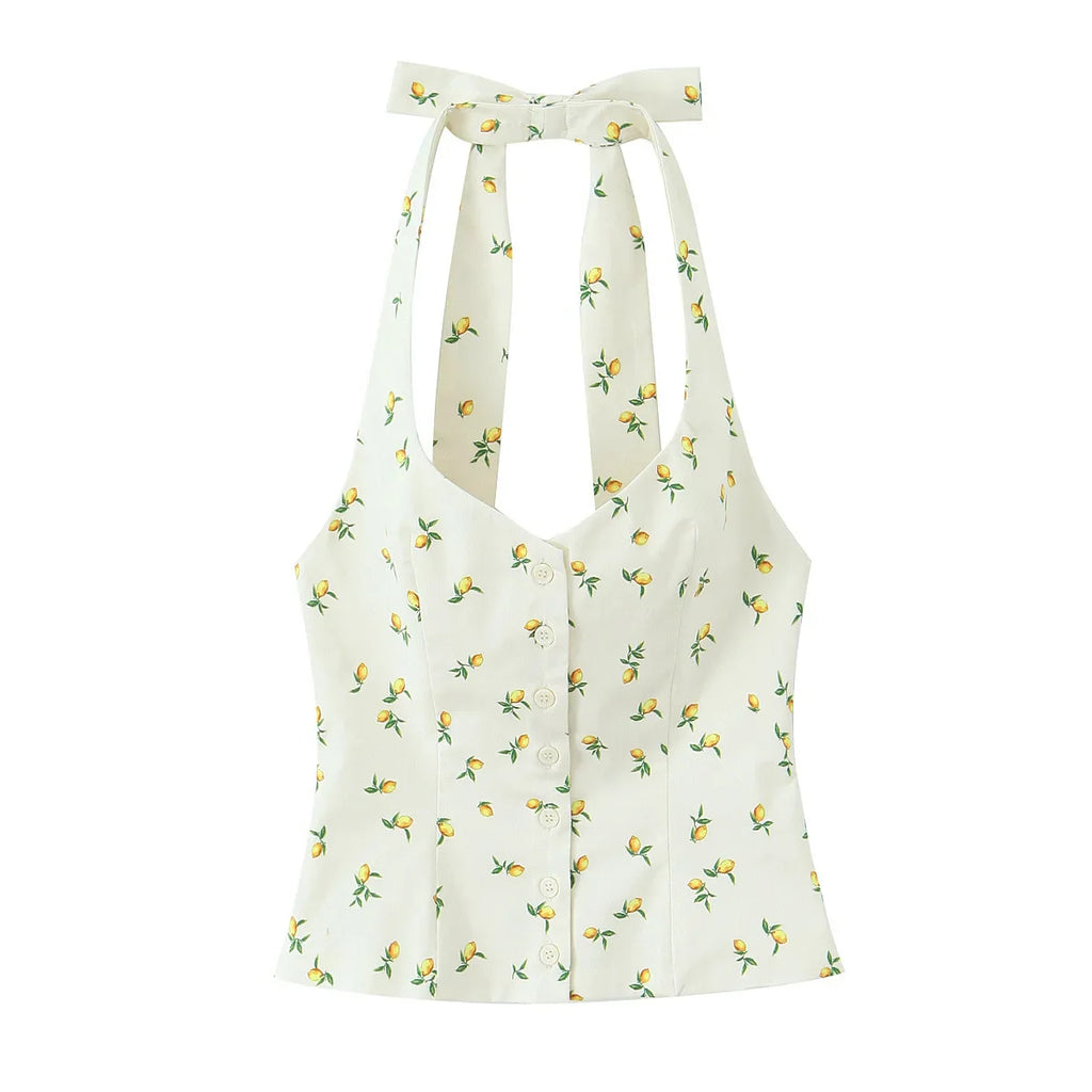 Casual Summer Two Piece Skirt Set for Women Lemon Print Backless Hanging Collar Tank Top with A-Line Mini Skirt Sleeveless Short Top