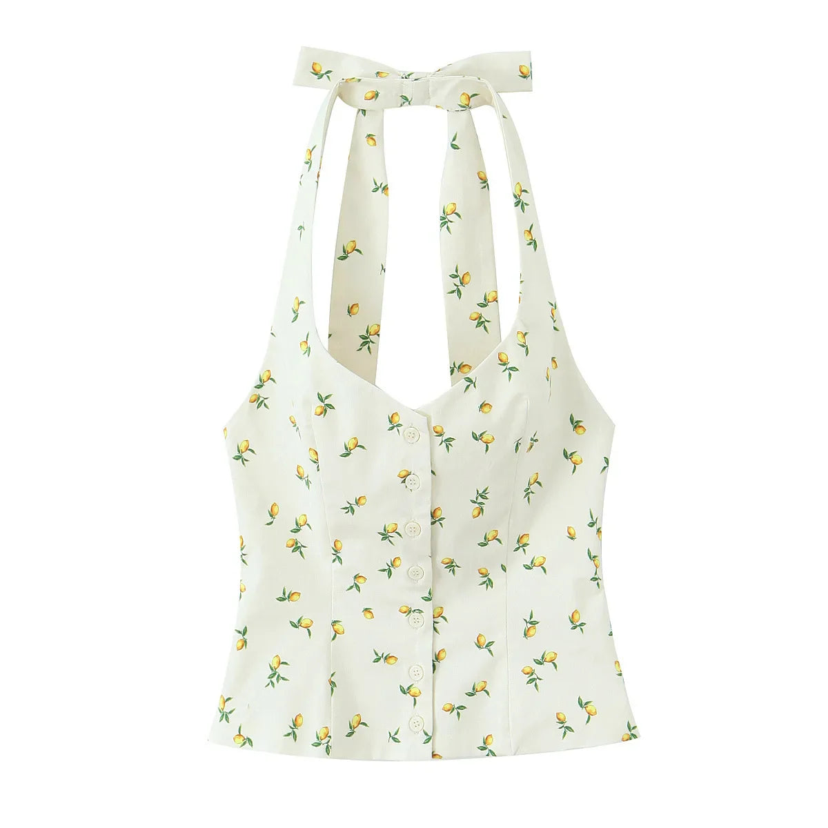 Casual Summer Two Piece Skirt Set for Women Lemon Print Backless Hanging Collar Tank Top with A-Line Mini Skirt Sleeveless Short Top