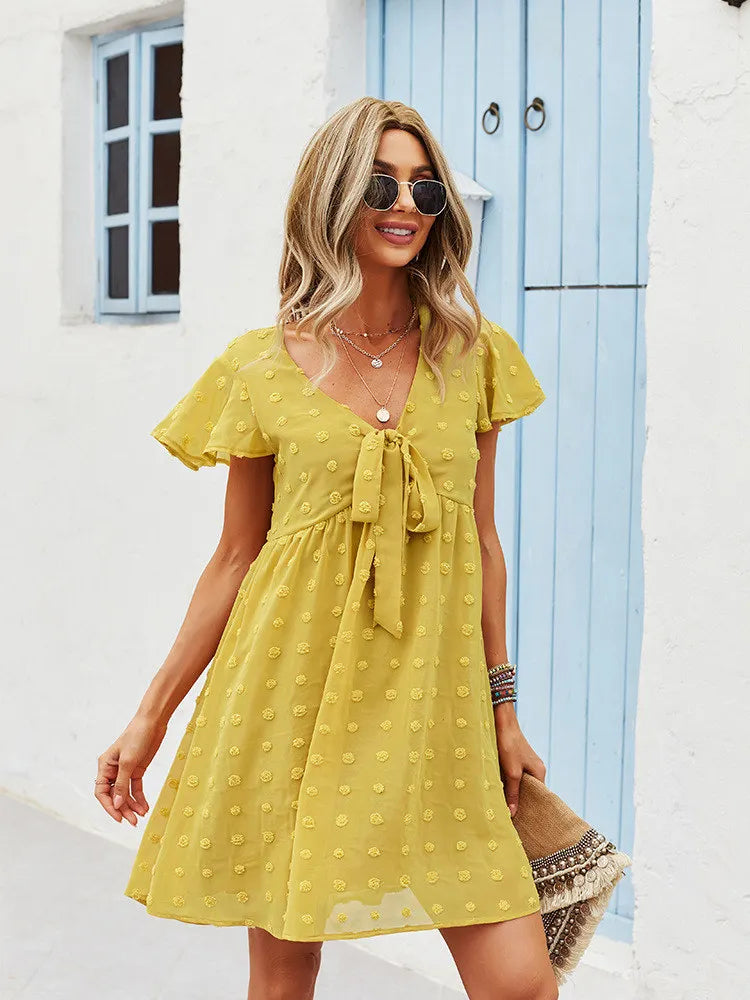 Bandage Dress For Women Solid High Waist Short Sleeve