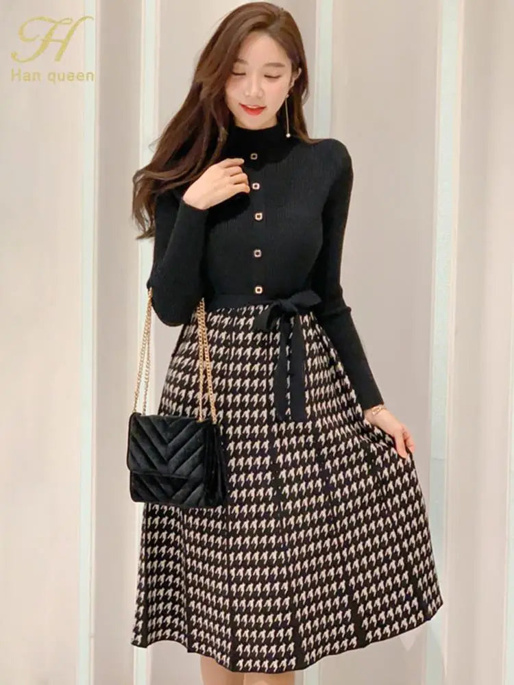 Winter Houndstooth Knit Dress Color Block Office Wear