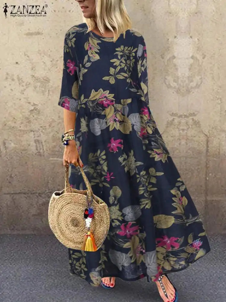 Boho Floral Sundress For Women With Three Quarter Sleeves