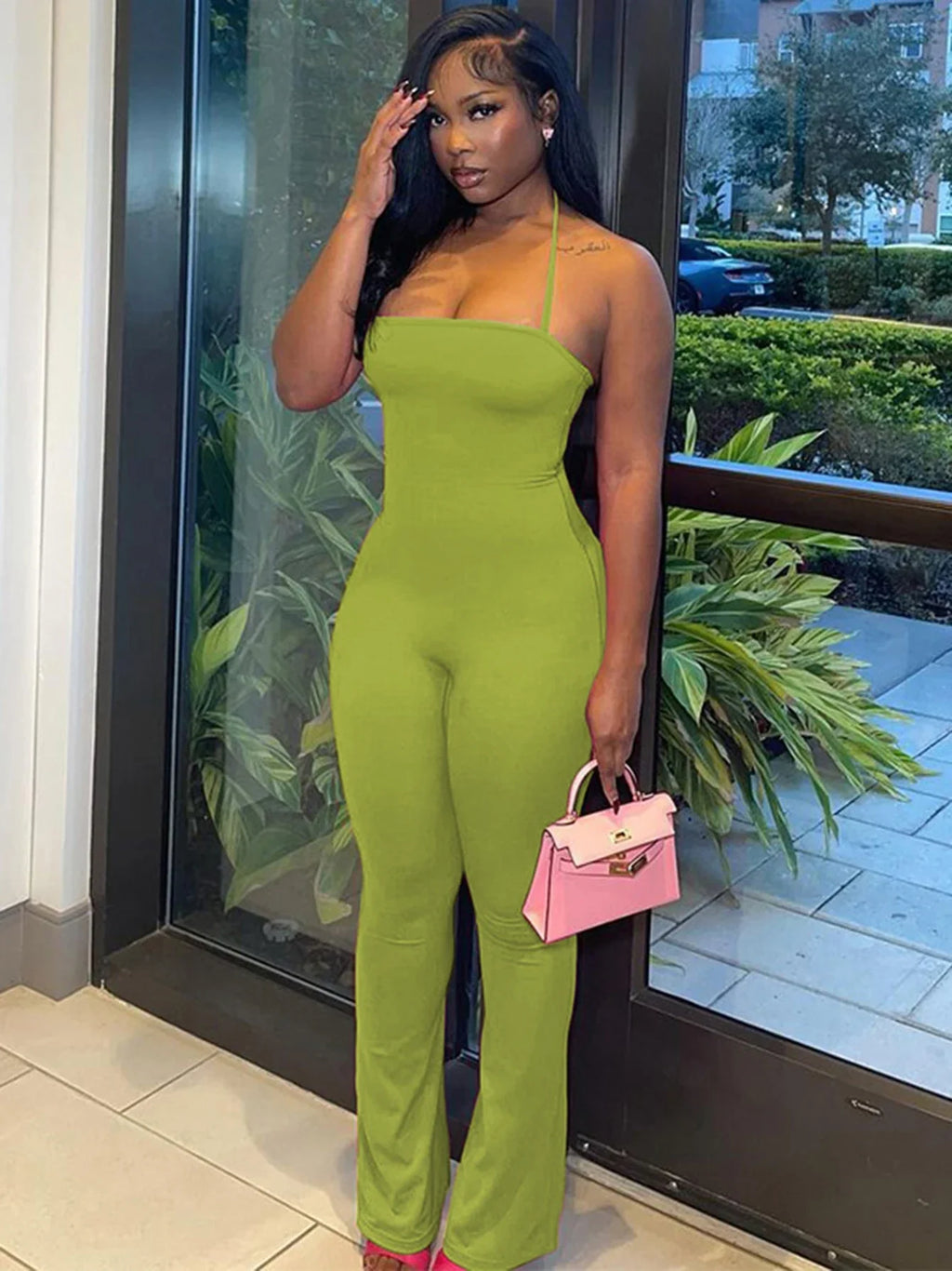Sleeveless Halter Backless Bodycon Jumpsuit with Flare Pants Casual Rompers for Women Streetwear Festival Outfit