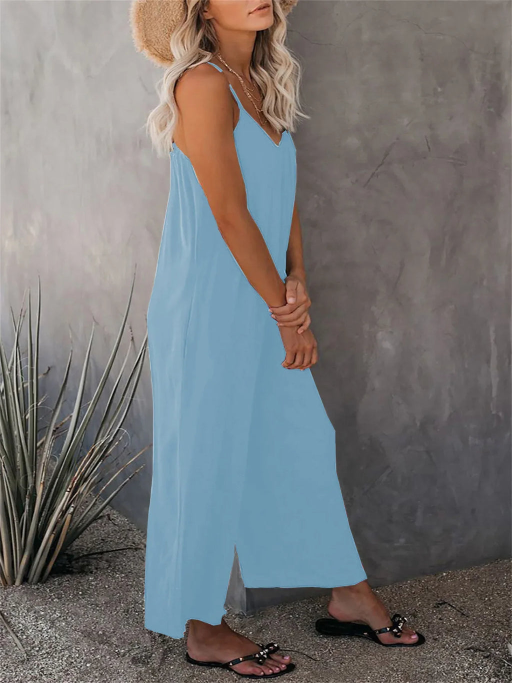 Women's Summer Strap Jumpsuit with Solid Color Design and Convenient Side Pockets Casual Lightweight Romper