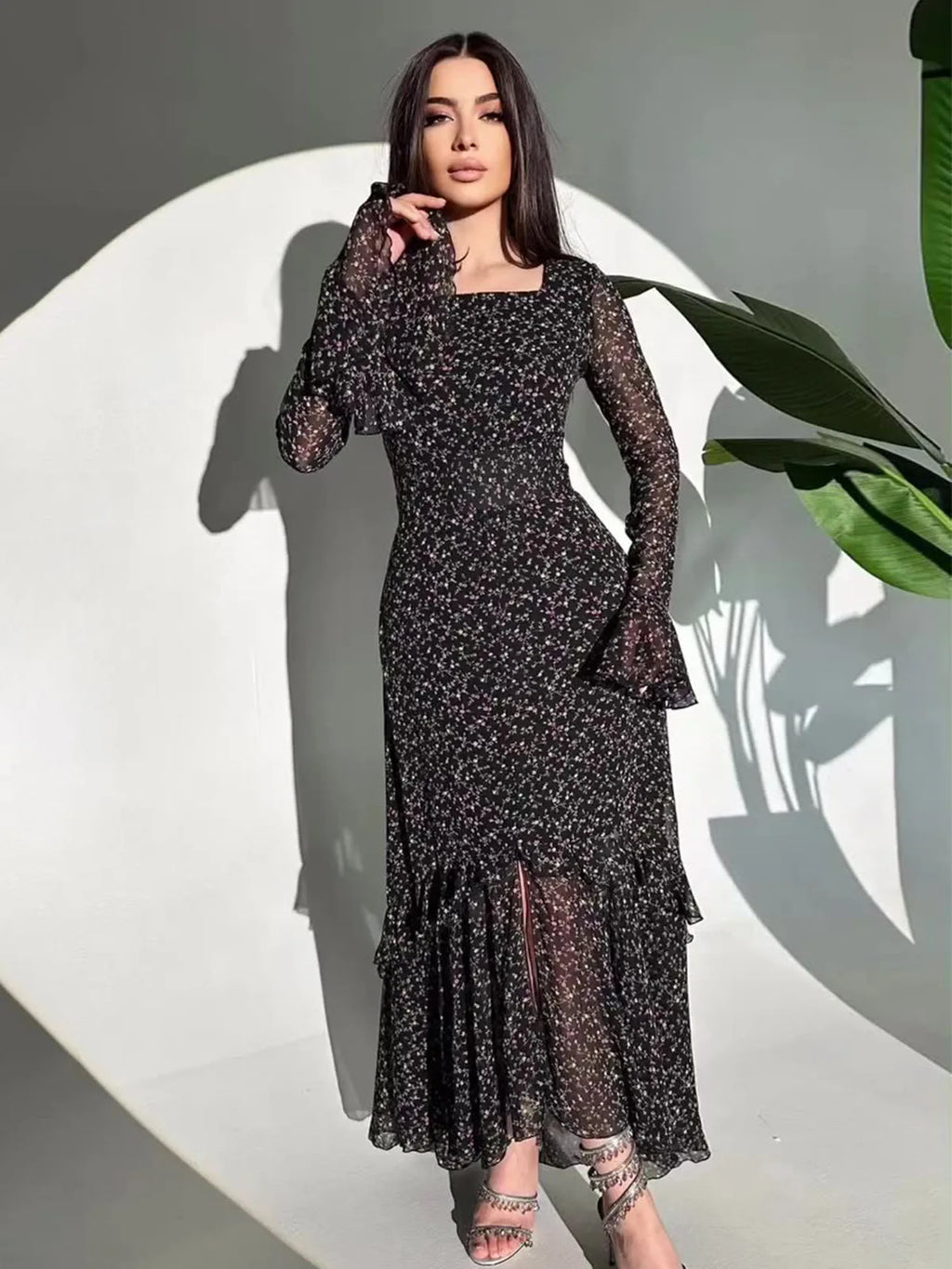 Elegant Printed Chiffon Maxi Dress With Lotus Sleeve Details