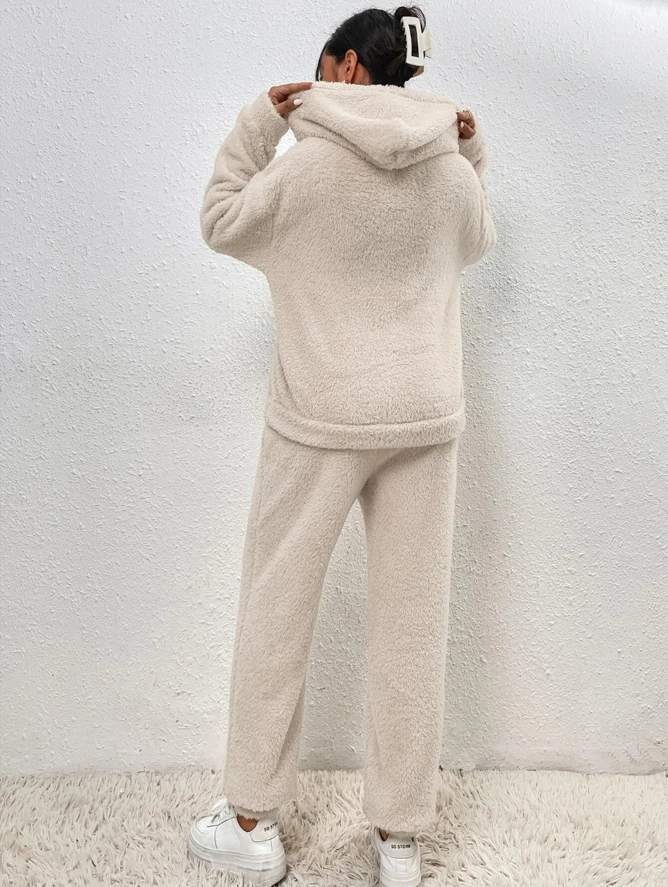 Cozy Autumn Winter Women's Casual Hooded Sweatshirt and Plush Leg Pants Two-Piece Set Warm Furry Trousers Outfit