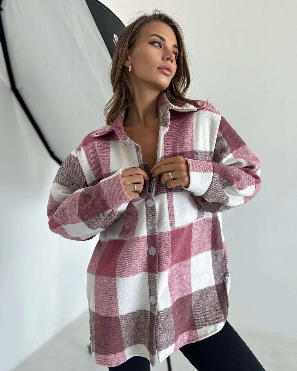 Women's Flannel Lapel Plaid Shirt Jacket Long Sleeve Button Down Thin Warm Coat Blouse for Autumn Casual Wear
