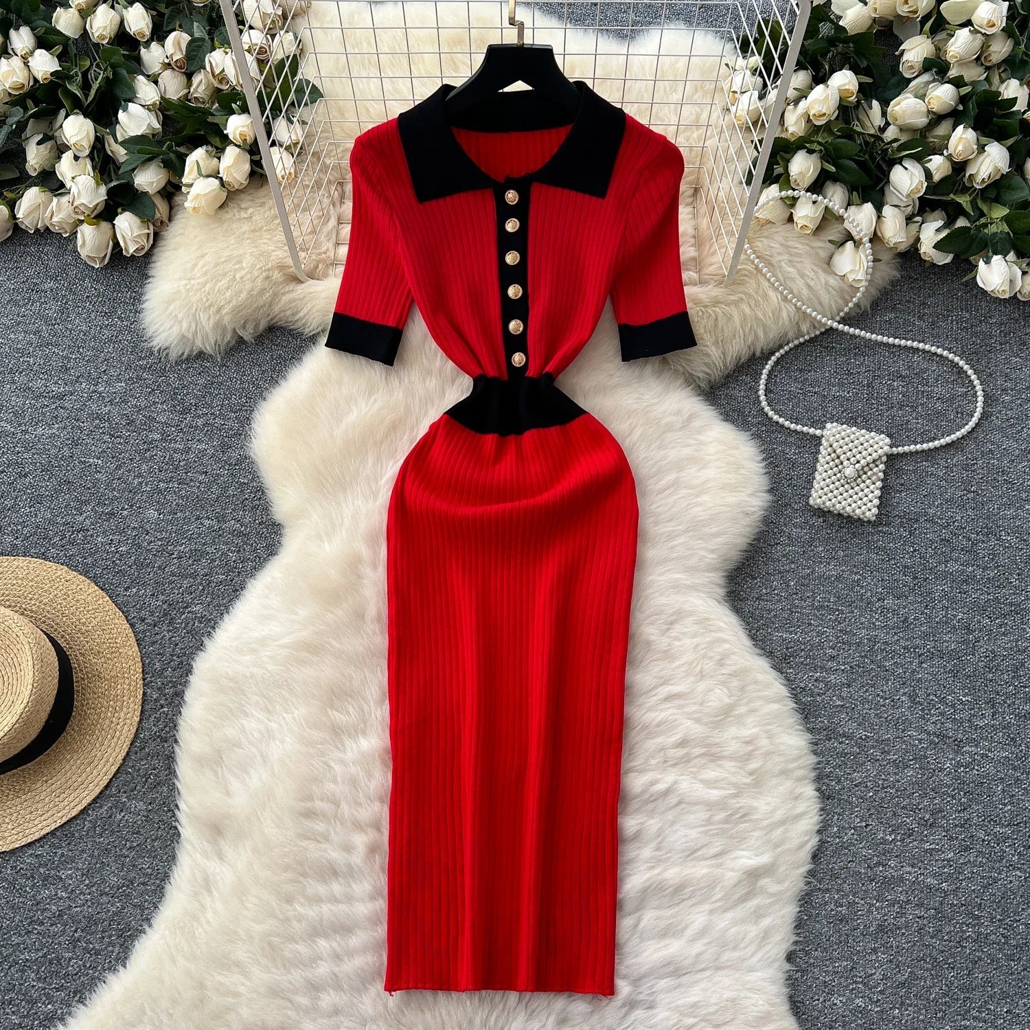 Patchwork Knitted Polo Collar Dress For Women Spring Summer