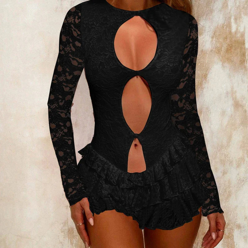 Pearl Decorated Hollow Out Lace Patchwork Mini Dress