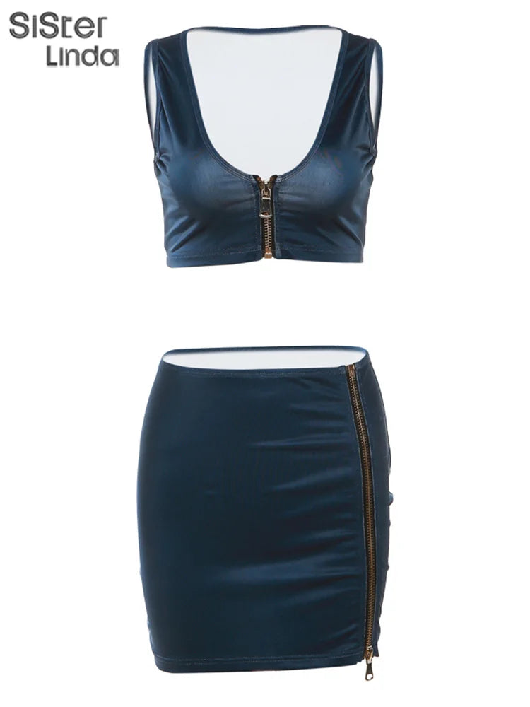 Casual Two Piece Set for Women Sleeveless Zipper Low Neck Tank Top with High Waist Hip Skirt Party Clubwear Ensemble