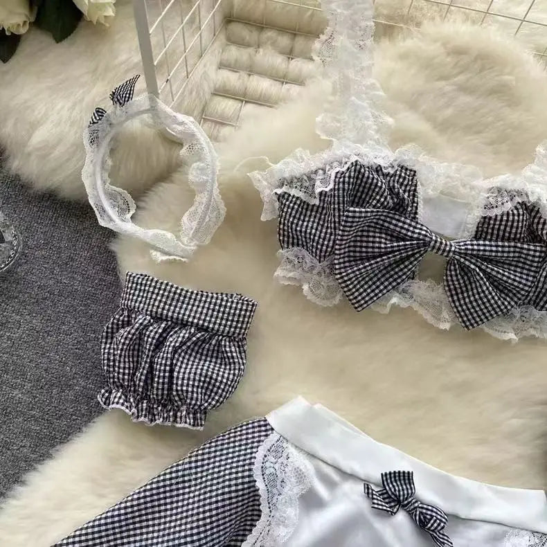 Sexy Maidservant Apron Dress Three Piece Set Lace Trimmed Plaid Cosplay Lingerie Nightwear for Women