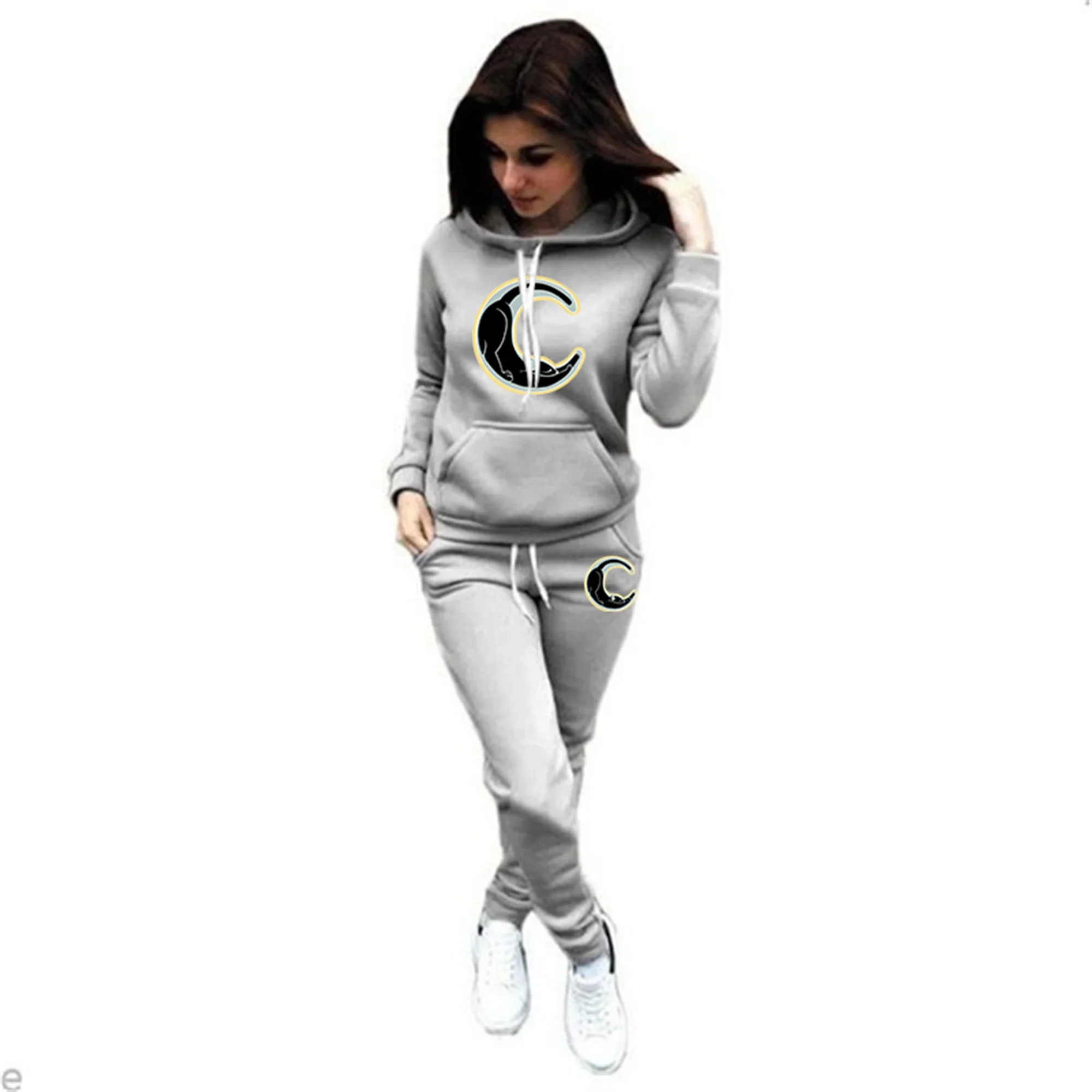 Women's Celestial Cat Print Sweatshirt Hoodie and Pants Casual Sportswear Two Piece Set