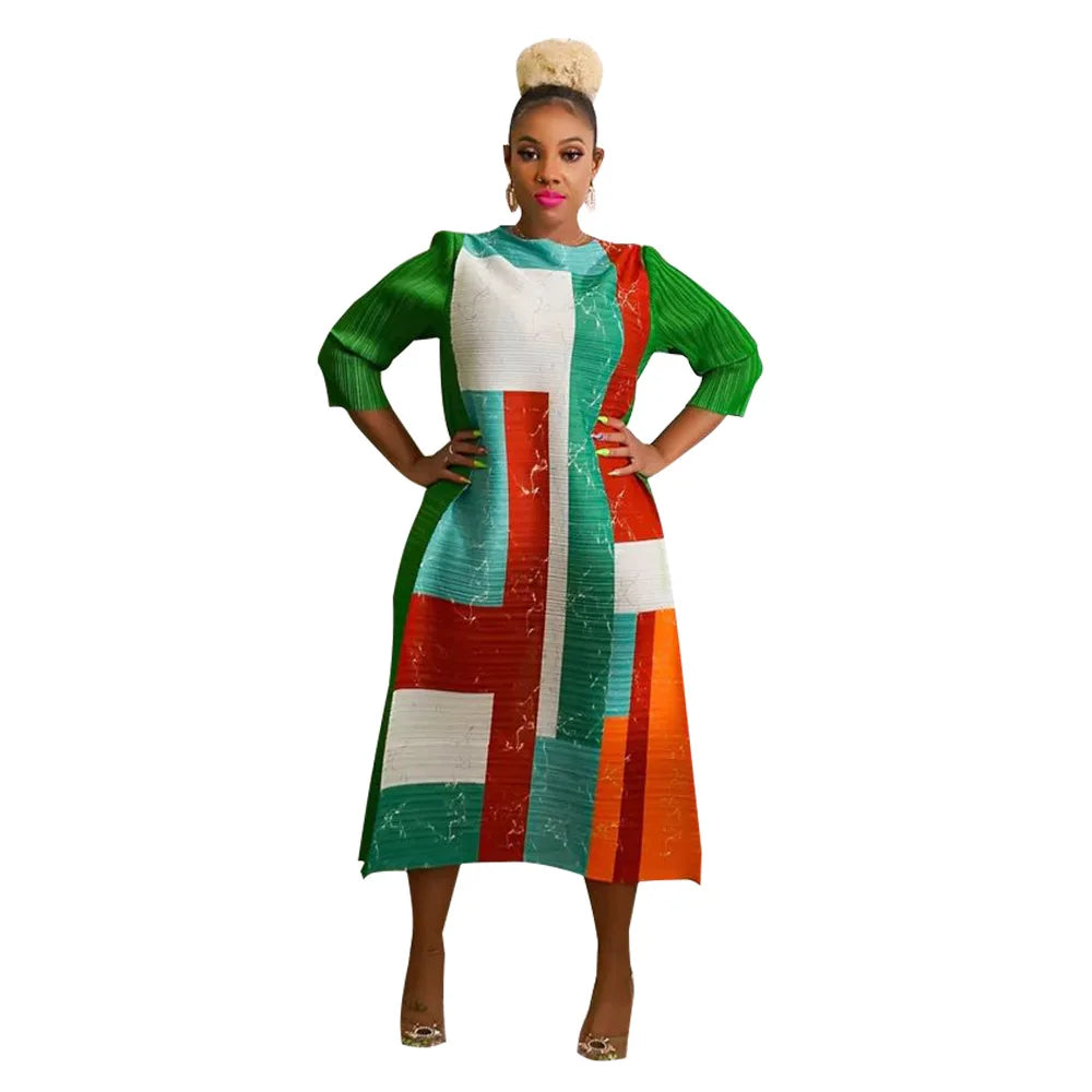 Leaf Print Pleated Boho Maxi Dress for Women Casual Beach