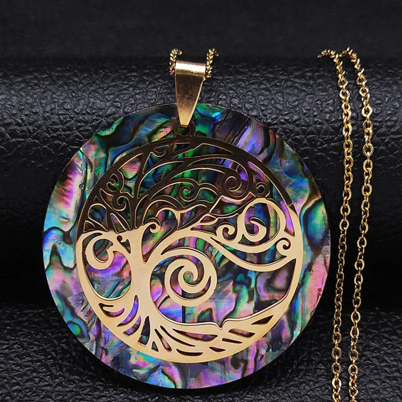 Tree of Life Abalone Shell Necklace Gold Color Stainless Steel Boho Jewelry for Weddings and Special Occasions