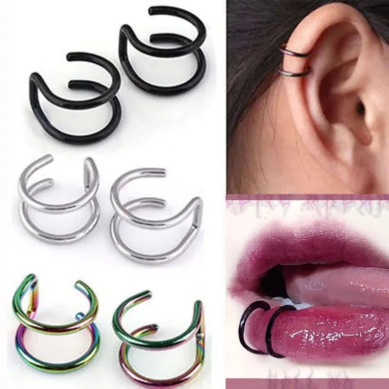 2Pcs Stainless Steel Clip On Ear Cuffs Fake Lip Ring Non Piercing Labret Rings for Men and Women