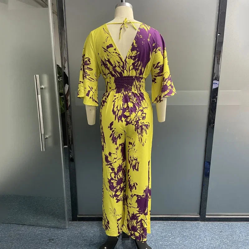 Women's Summer Casual Printed Jumpsuit with Batwing Sleeves V Neck Backless Tie Waist Wide Leg Romper