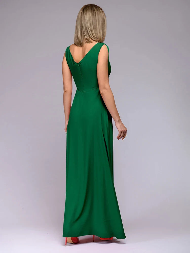 Deep V Neck Sleeveless Maxi Dress With Slit High Waist